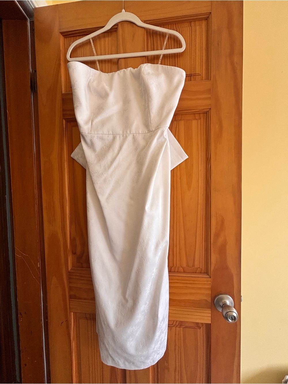 Sachin + Babi Strapless White Midi Dress with Peplum Accents